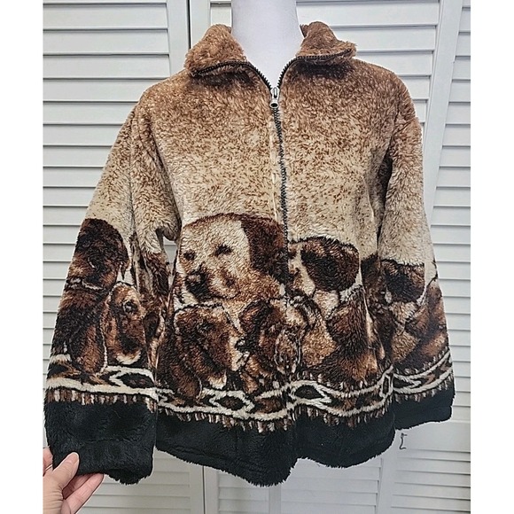 Mazmania Jackets & Blazers - Vtg 90's Mazmania Puppies zip up fleece jacket XL Very Warm Brown Black Dogs EUC